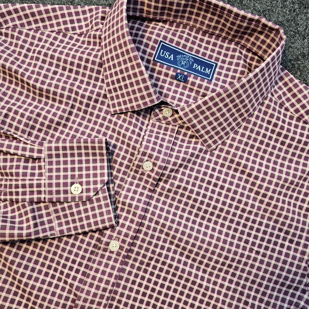 USA Palm Mens XL Burgundy Check Performance Stretch Button Up Long Sleeve Shirt